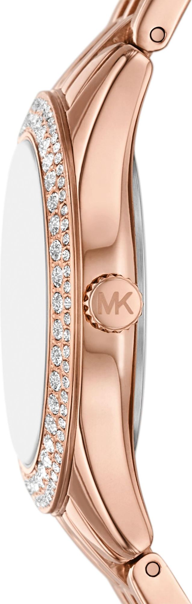 Michael Kors Mini Harlowe rose-gold watch shown in profile with crystal-set bezel detail