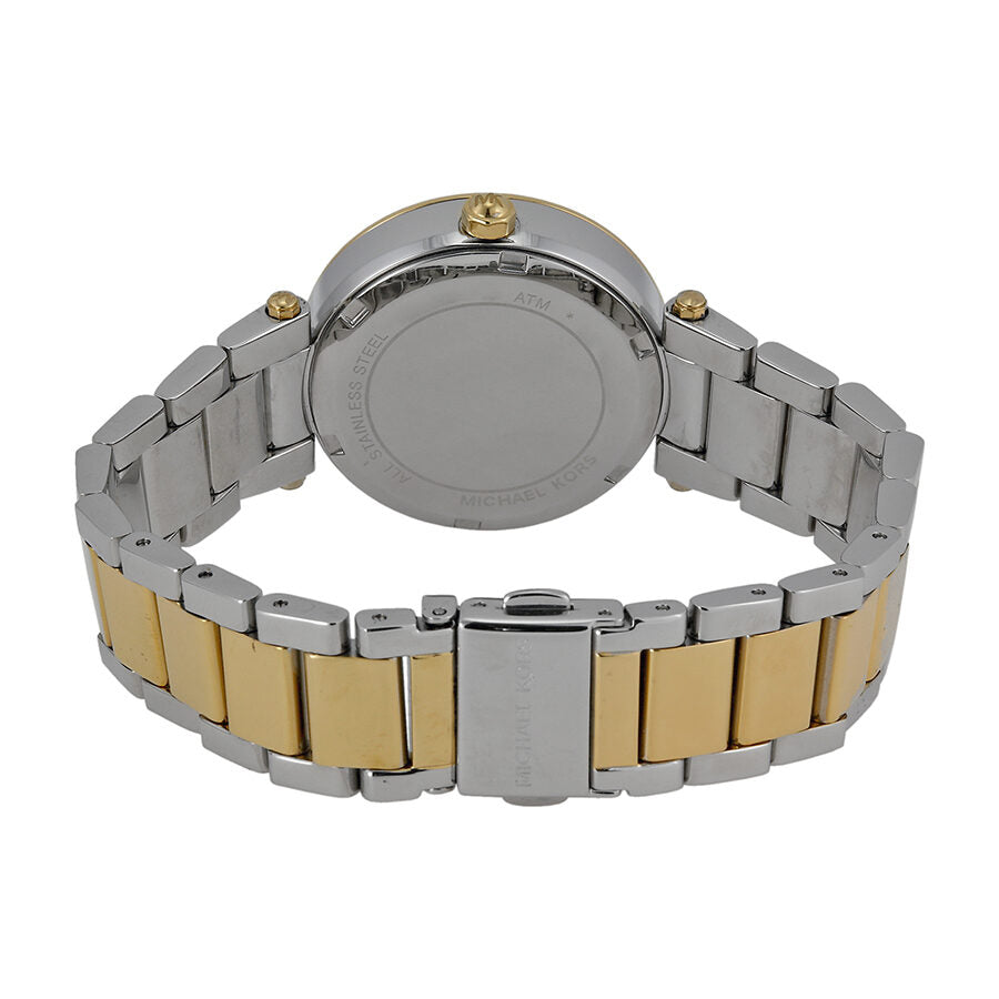 Michael Kors Mini Parker watch caseback showing two-tone steel and gold bracelet