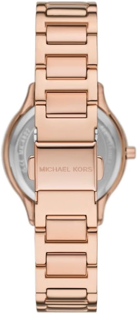 Michael Kors Mini Sage rose gold watch caseback and rose gold bracelet detail