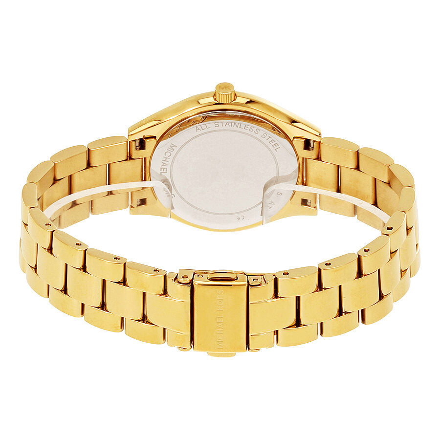 Michael Kors Mini Slim Runway MK3477 caseback showing stainless steel back and gold tone bracelet