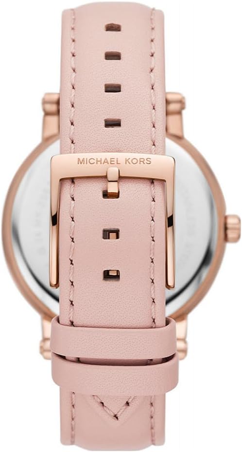 Michael Kors MK2987 caseback view with pink leather strap and rose gold case