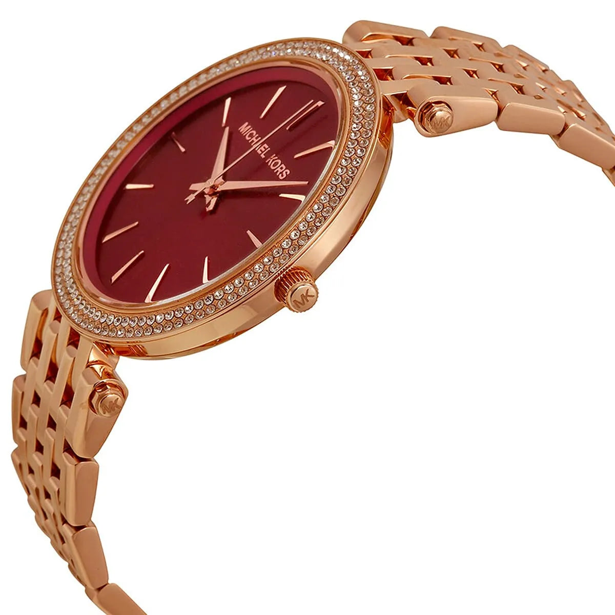 Michael Kors MK3378 rose gold watch on wrist side view showing case and bracelet