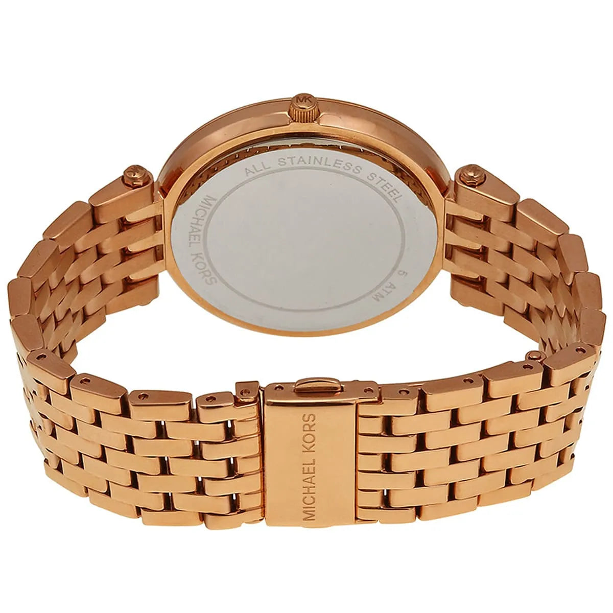 Michael Kors MK3378 rose gold ladies watch caseback with metal bracelet detail