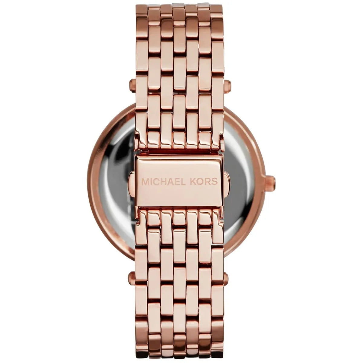 Michael Kors MK3378 watch caseback showing rose gold case and metal bracelet