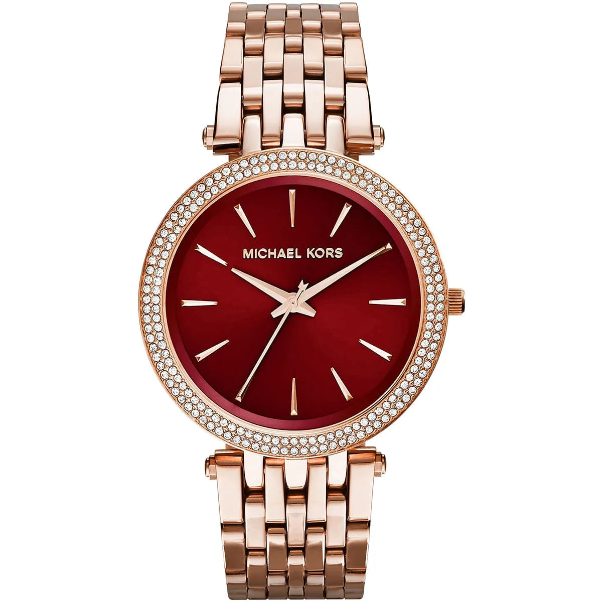 Michael Kors rose gold ladies watch with burgundy dial and crystal-set bezel