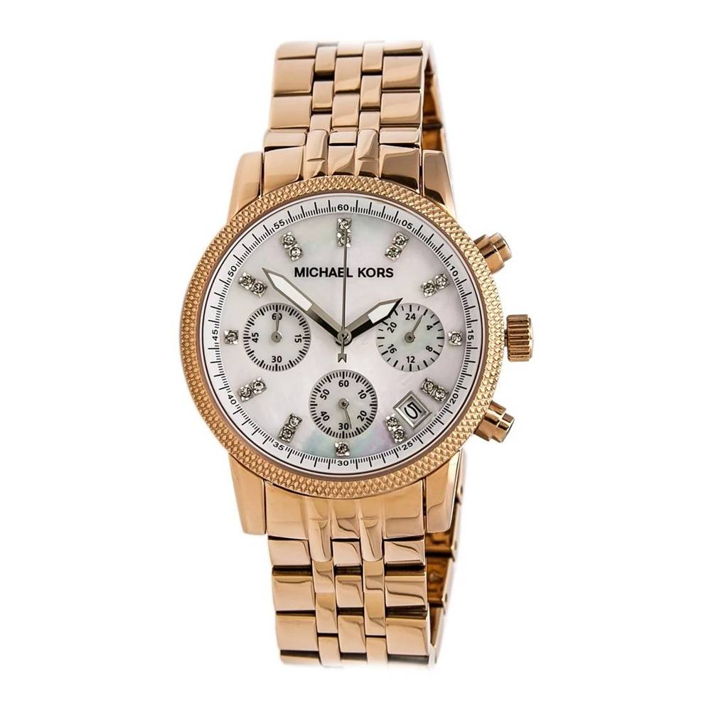 Michael Kors MK5026 chronograph watch with white MOP dial and rose gold steel bracelet
