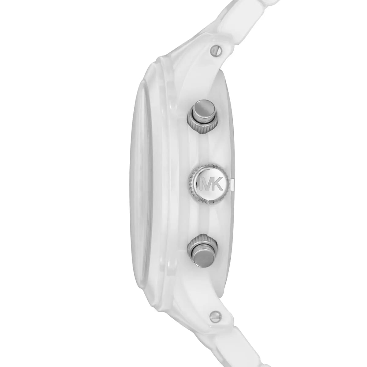 Michael Kors MK5161 side view displaying chronograph buttons and white rubber strap
