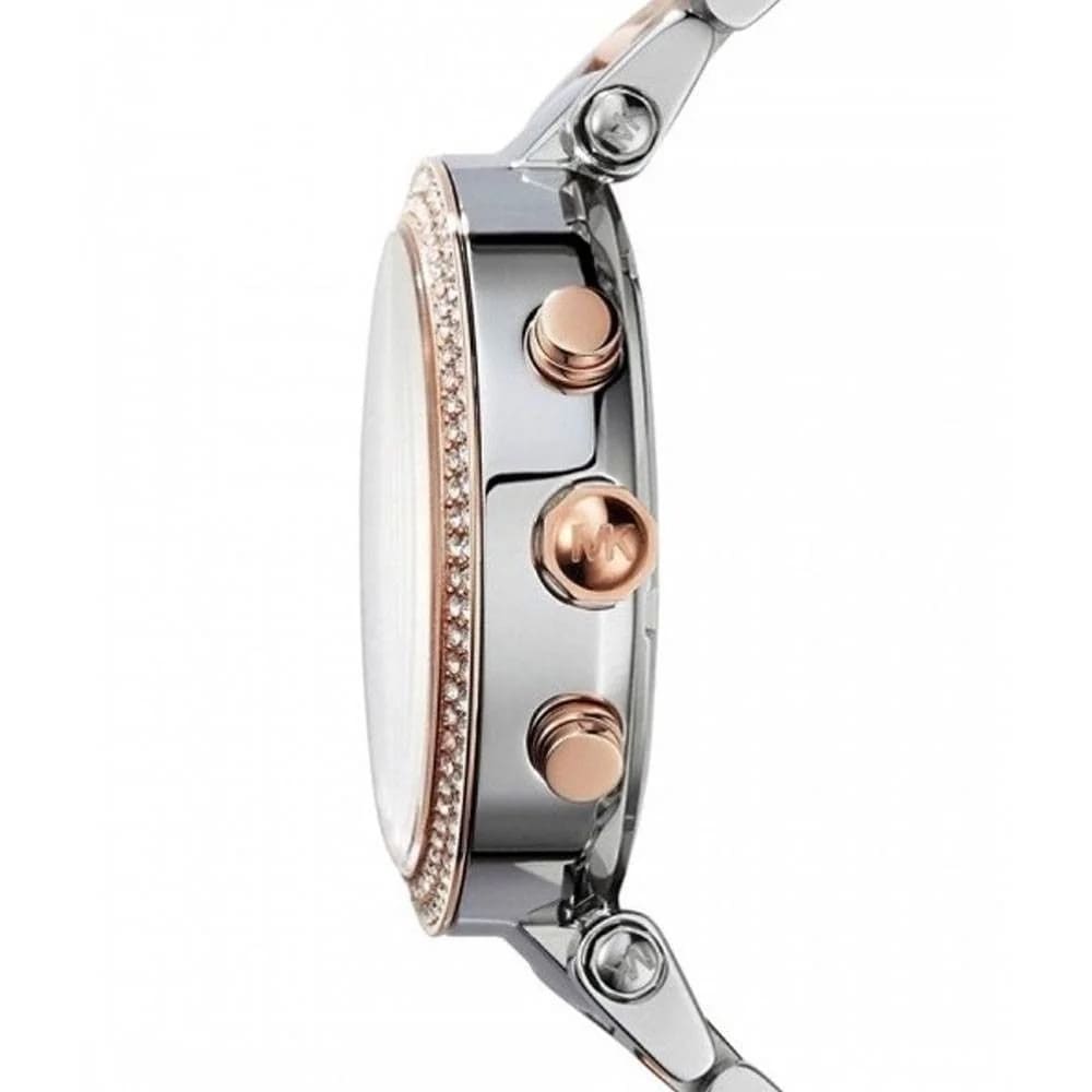 Michael Kors MK6108 side profile showing rose gold and silver mixed metal case and bracelet