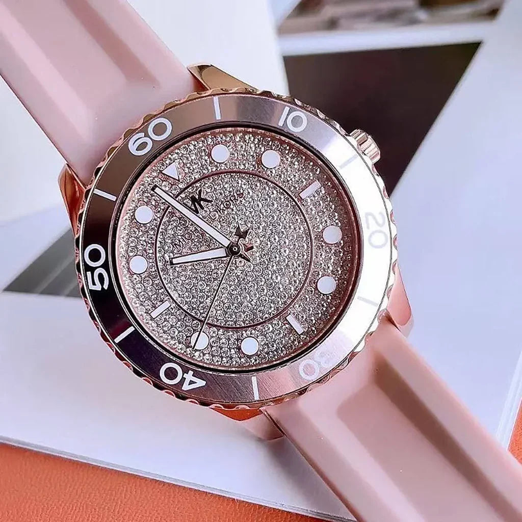 Michael Kors MK6854 watch front view with paved dial and pink strap detail