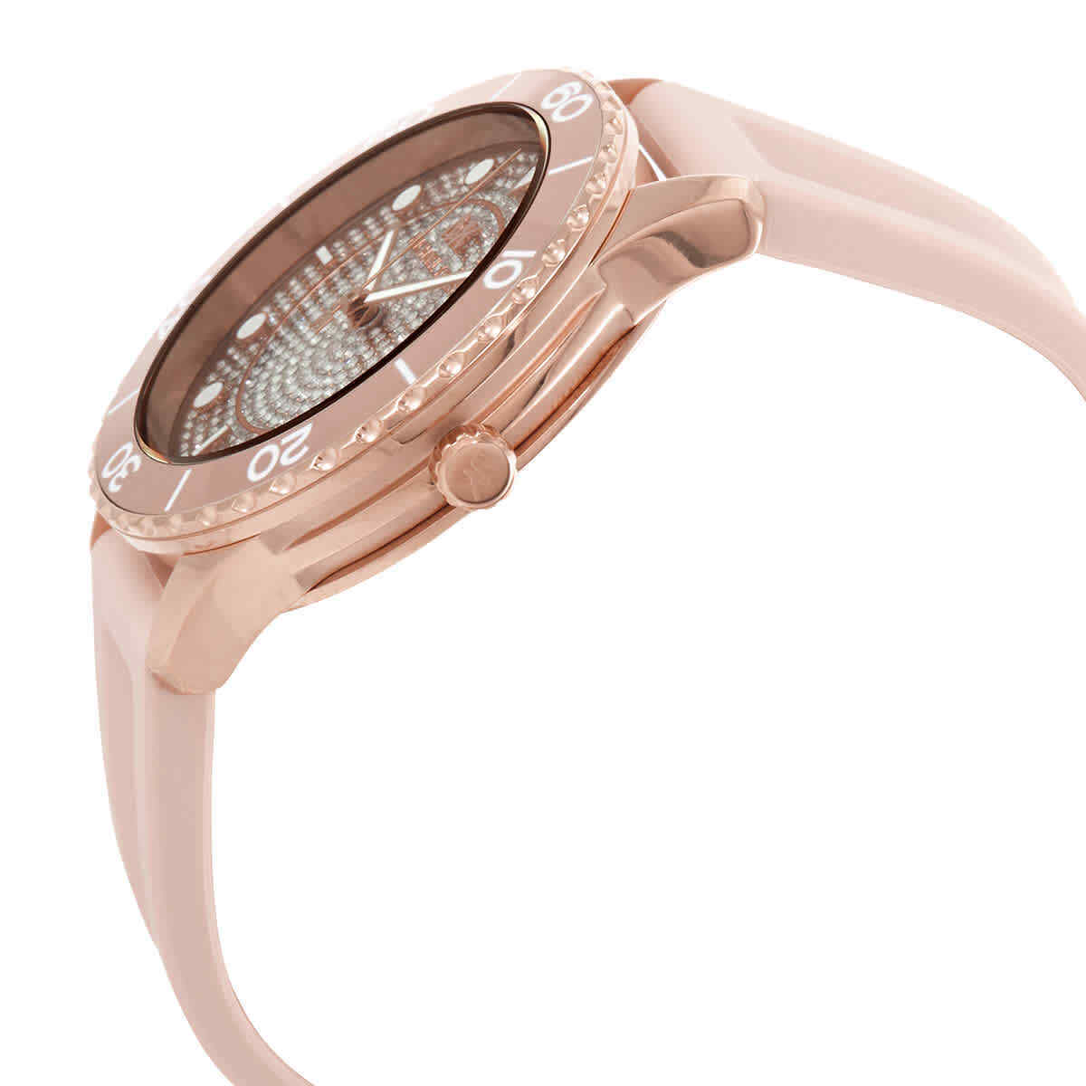 MK6854 watch side view showing rose gold case and pink silicone strap