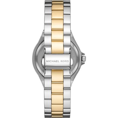 Case back view of Michael Kors MK6988 Lennox watch showing engraved logo