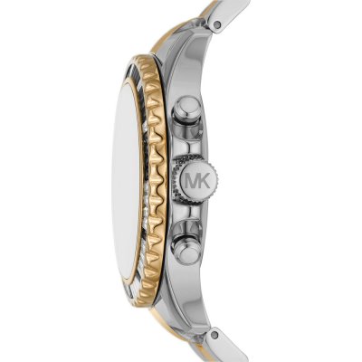Michael Kors MK7209 Everest watch side profile showing two-tone bracelet and chronograph pushers