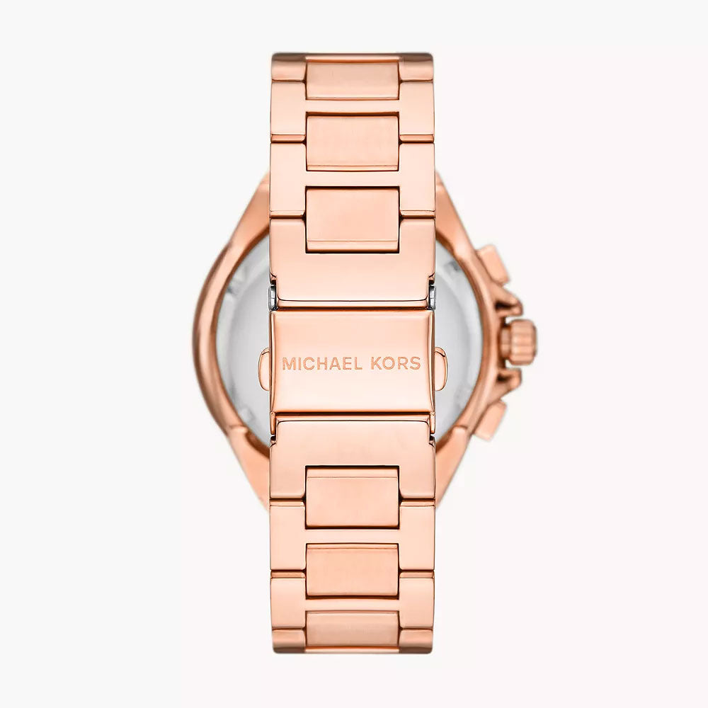 Caseback view of Michael Kors Camille watch with rose-gold bracelet