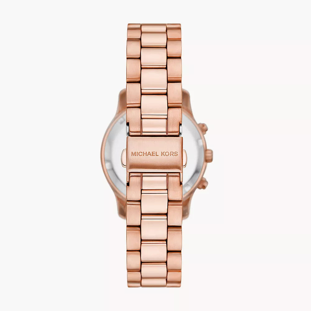 Michael Kors MK7327 rose gold watch caseback with branding