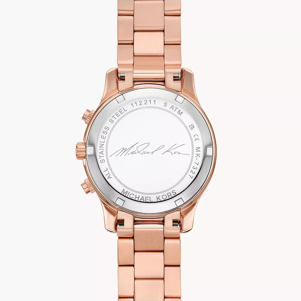 Michael Kors MK7327 watch caseback detail showing serial and branding