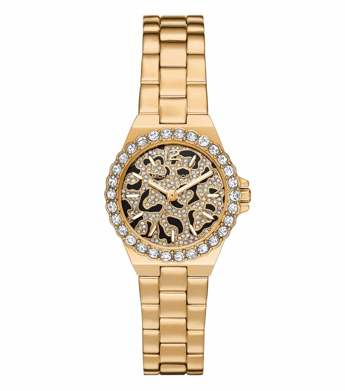 Michael Kors Mini Lennox gold-tone women's watch with pavé crystal bezel and leopard dial