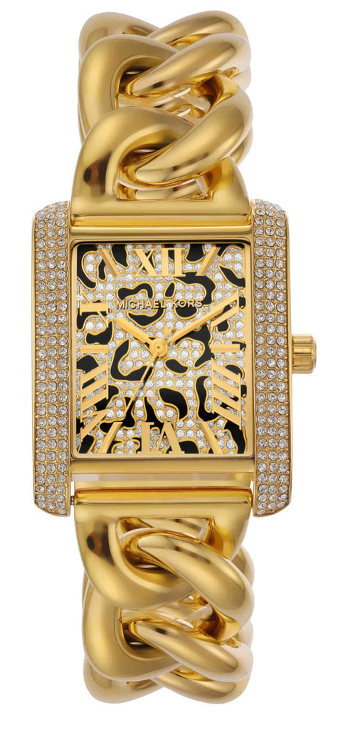 Michael Kors Mini Emery gold watch with rectangular animal print dial and pavé crystal bezel