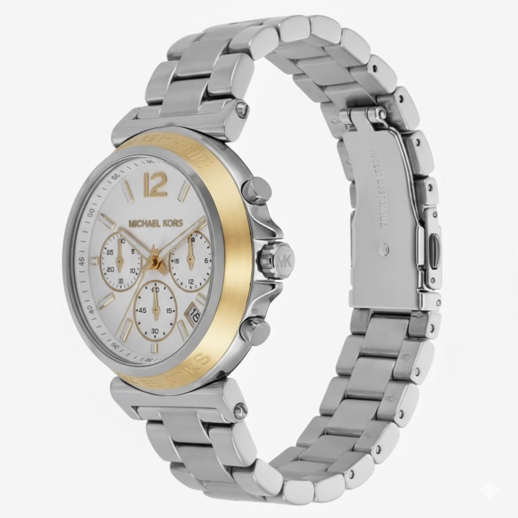 Side angle view of Michael Kors Maren watch showing silver bracelet and gold-tone bezel