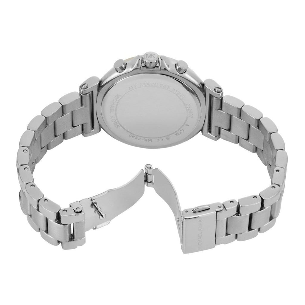 Caseback view of Michael Kors Maren watch with silver stainless steel bracelet