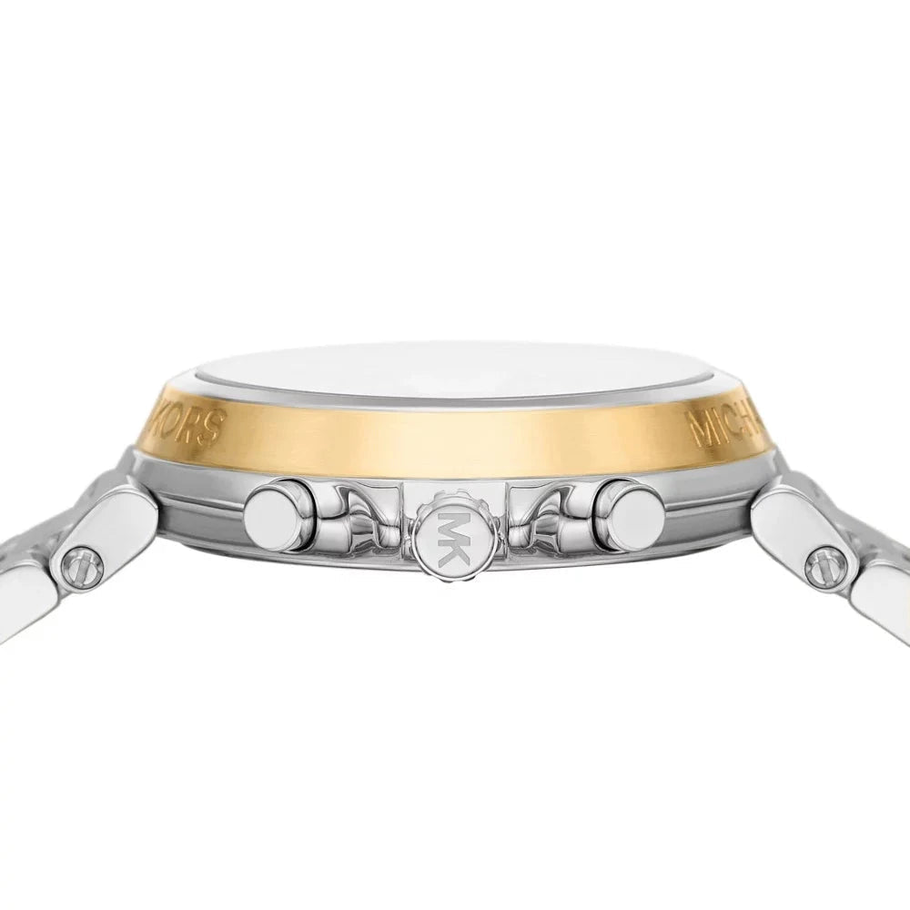 Side profile view of Michael Kors Maren chronograph case with gold-tone and silver two-tone design