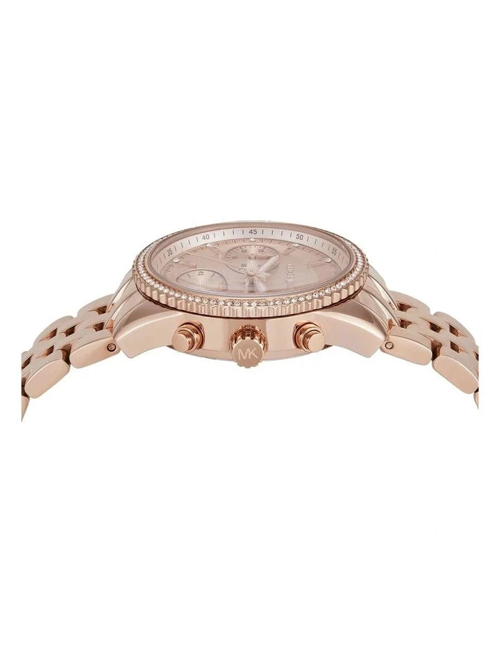 Side profile of rose-gold Mini Bryant chronograph showing case, crystal bezel, and chronograph pushers