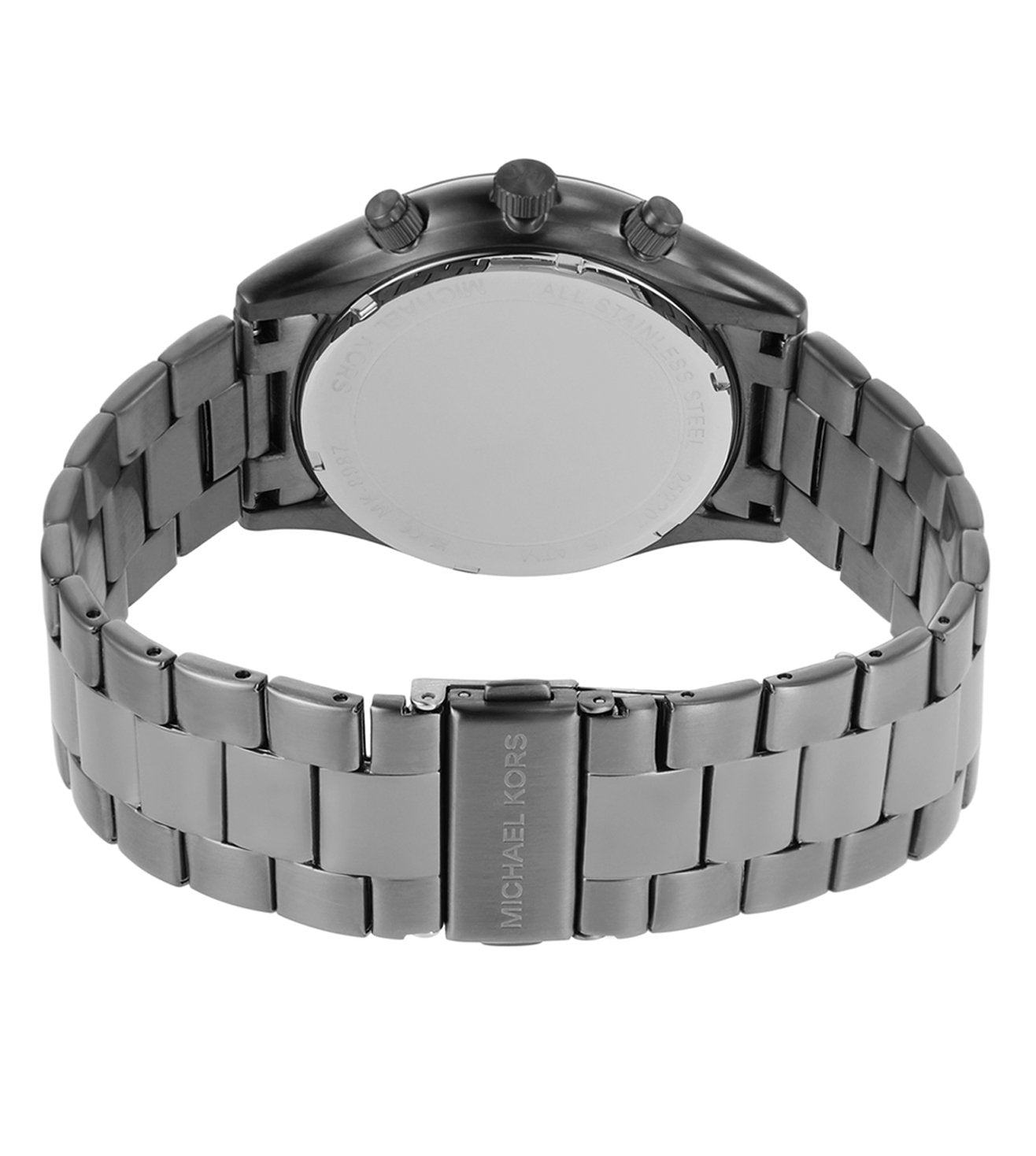 Back view of Michael Kors Slim Runway watch showing gunmetal bracelet and case back