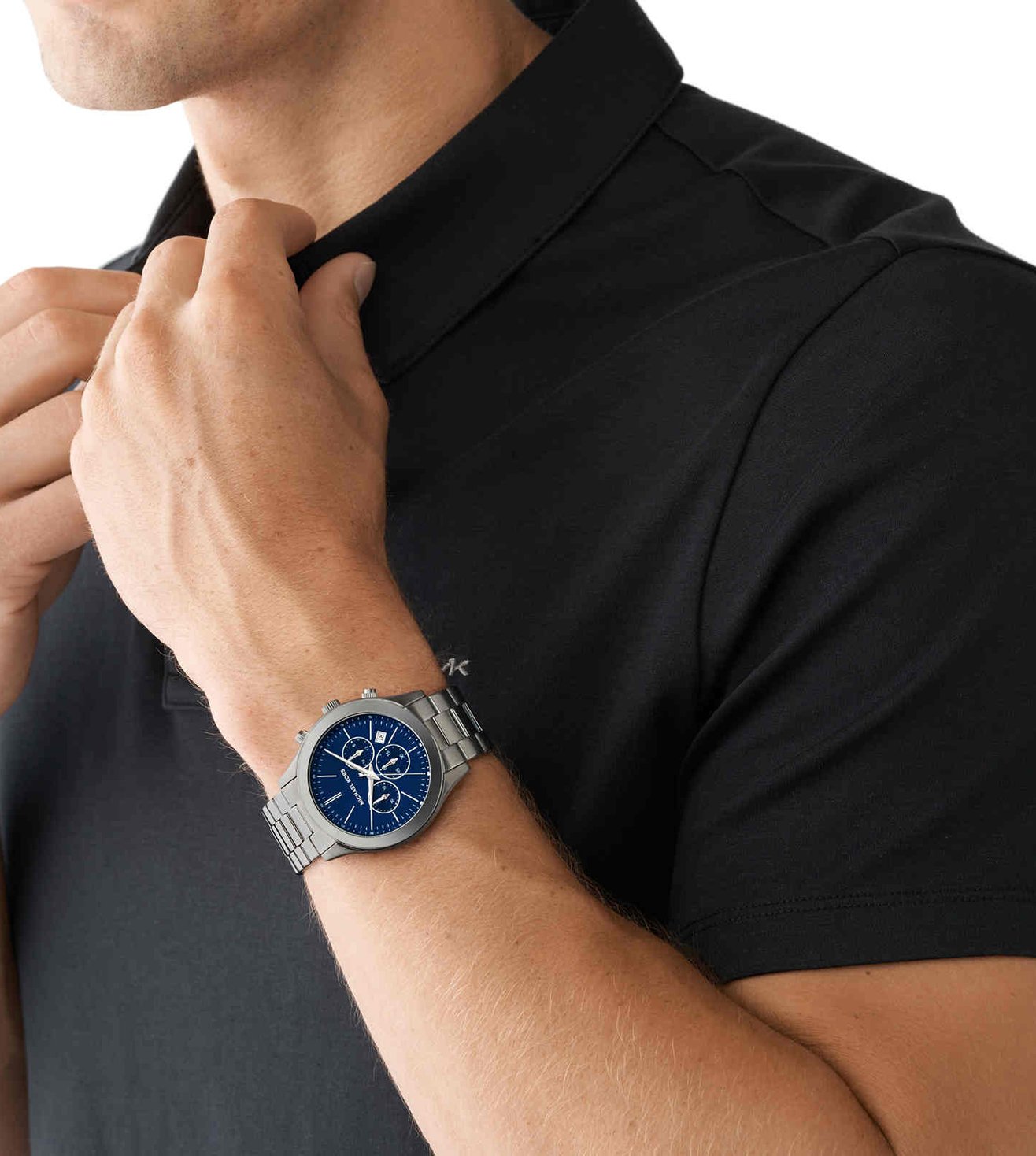 Michael Kors Slim Runway chronograph gunmetal watch worn on man's wrist