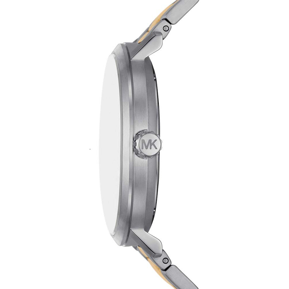 Michael Kors MK9134 watch shown from side profile with mixed metal bracelet