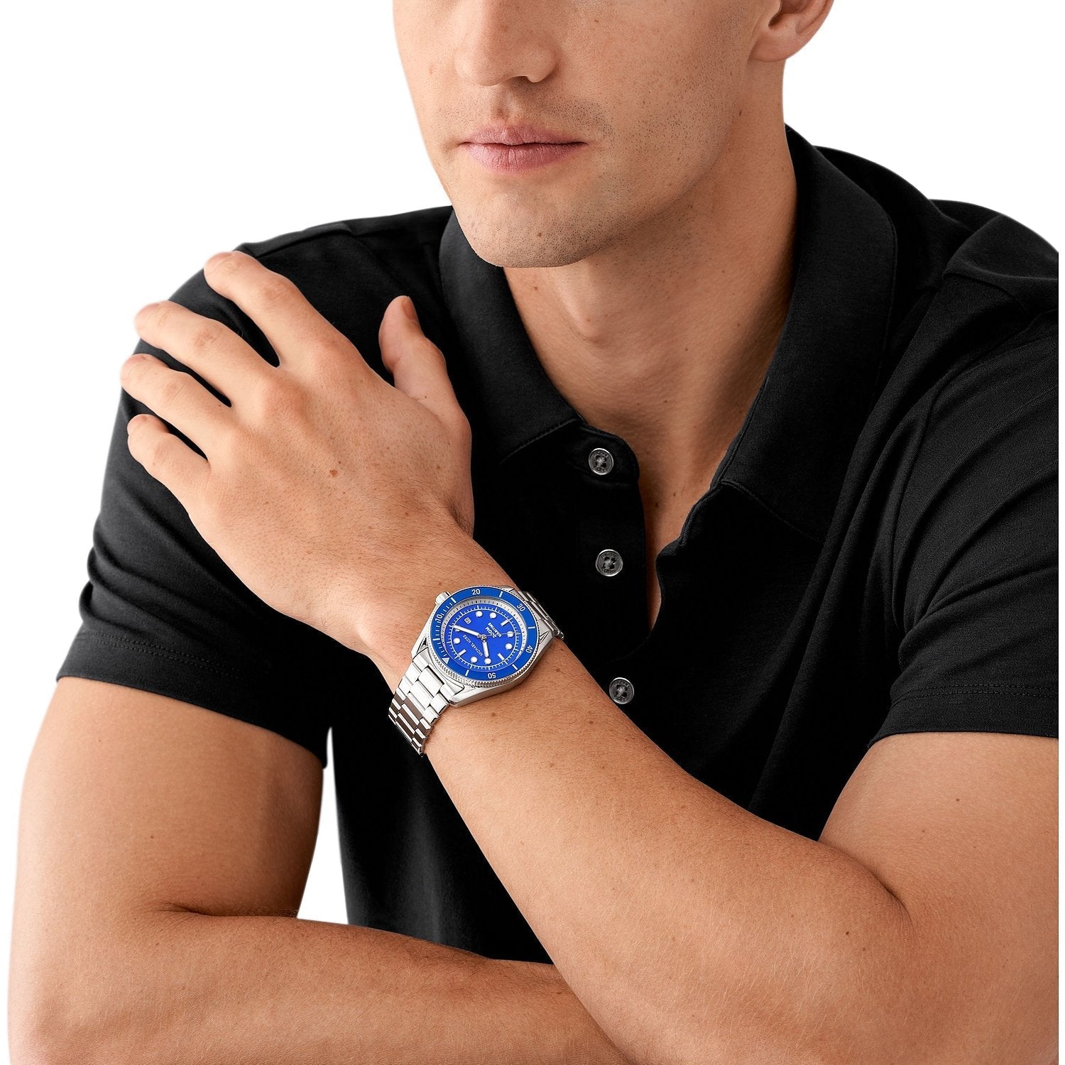 Michael Kors MK9160 maritime watch worn on wrist showing blue dial and silver steel bracelet