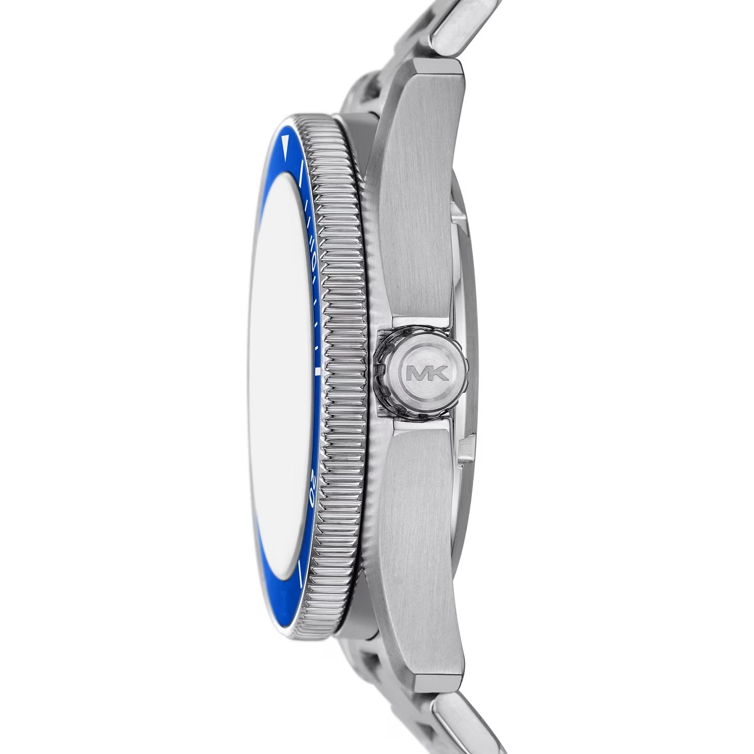 MK9160 watch side profile showing silver steel bracelet and blue rotating bezel with MK logo