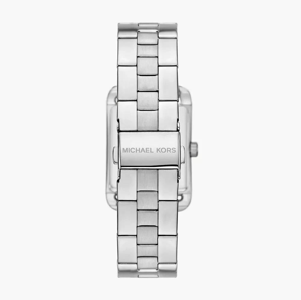 Michael Kors Monroe watch caseback showing steel bracelet and engraved branding