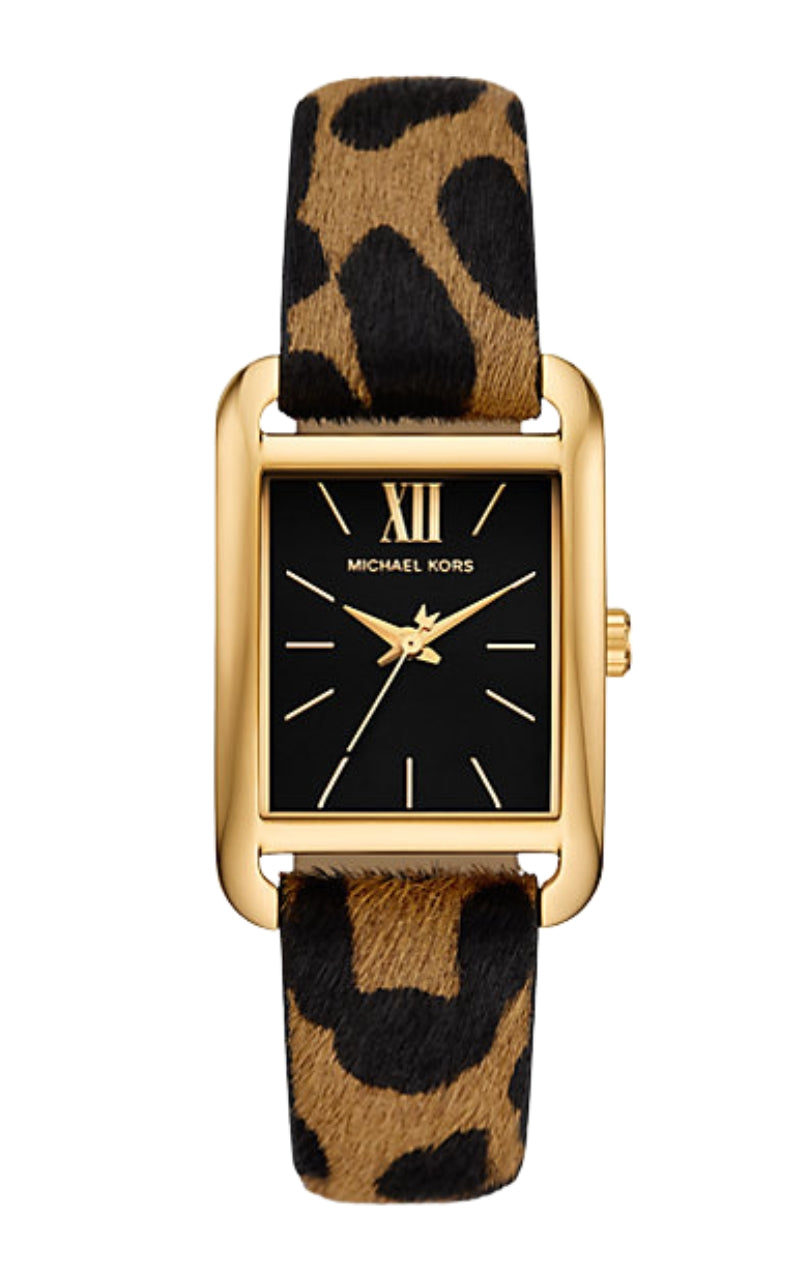 Michael Kors Monroe gold-tone watch with black dial and leopard print calf hair strap