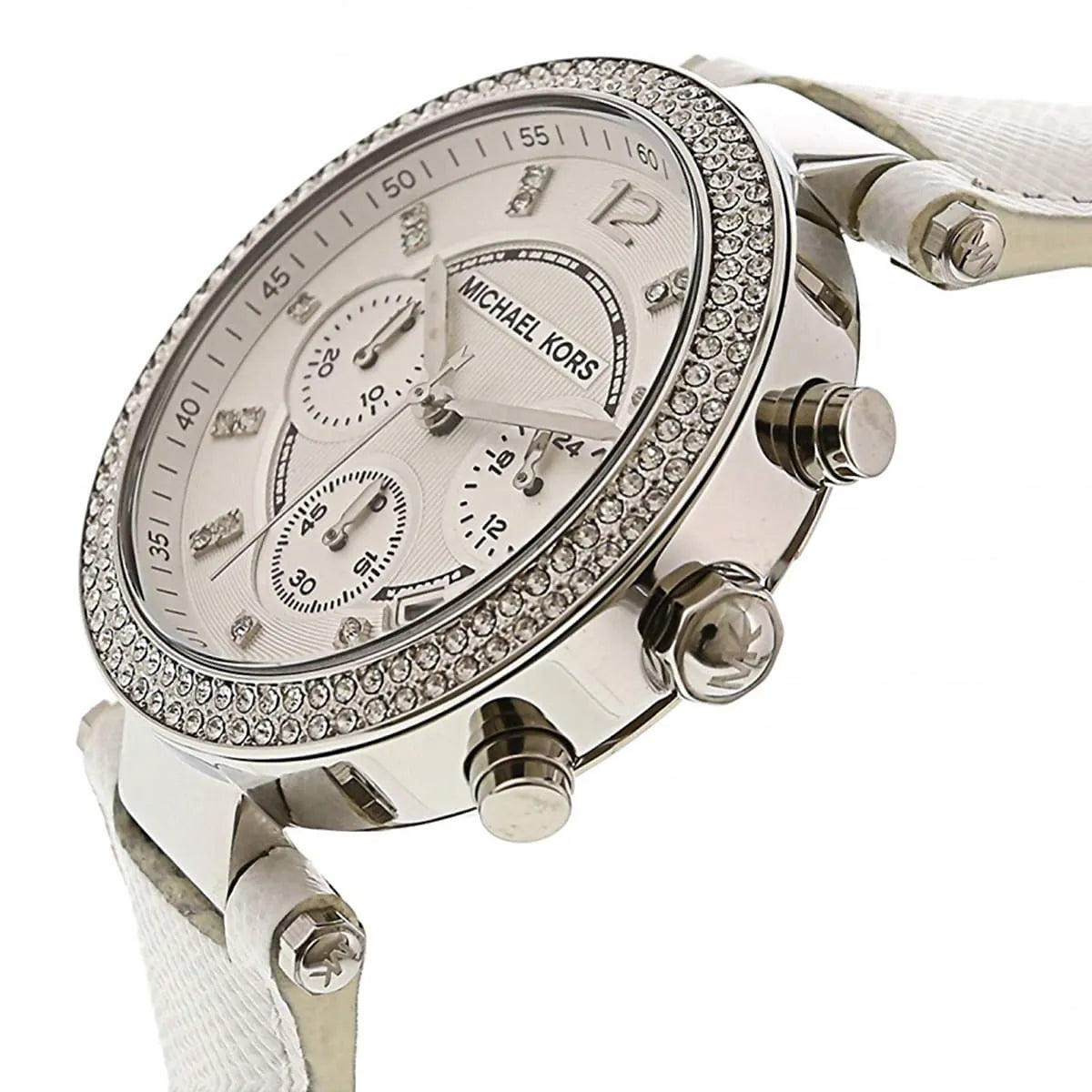 Michael Kors Parker chronograph side view with pushers and white leather band