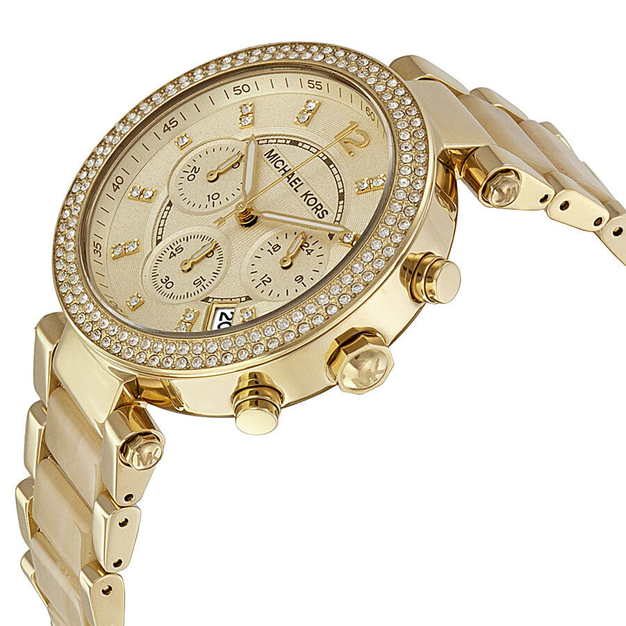 Michael Kors Parker chronograph watch shown at angle displaying champagne dial and gold bracelet