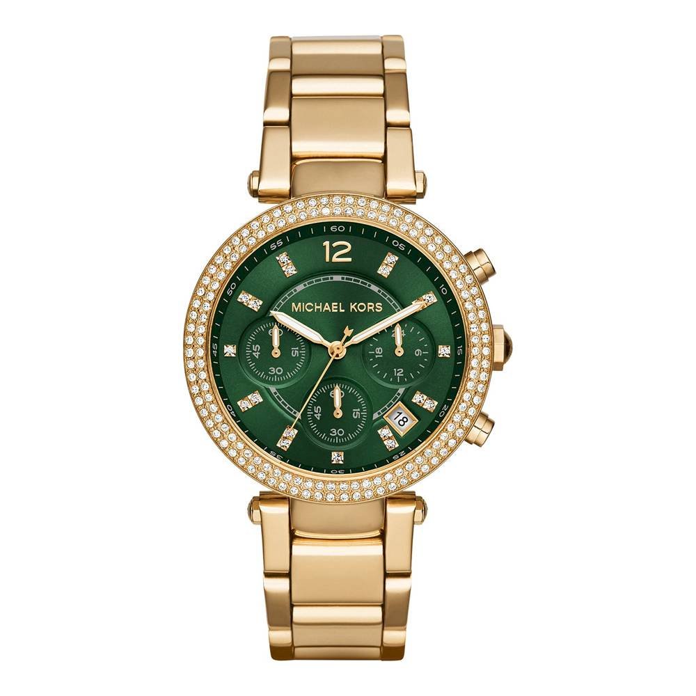 Michael Kors Parker gold chronograph watch with green dial and crystal bezel