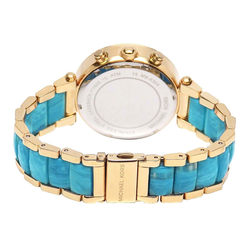 Michael Kors Parker watch caseback showing stainless steel case with blue crocodile-embossed strap