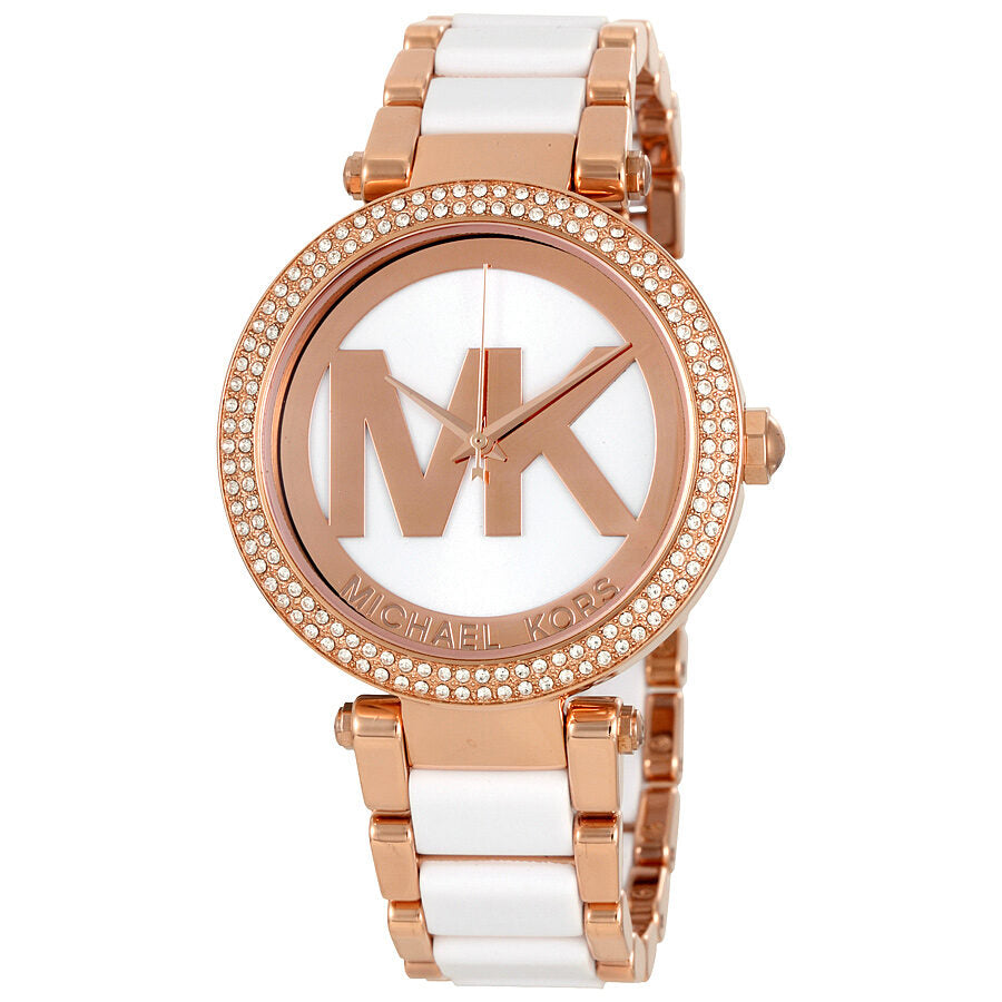 Michael Kors Parker women's watch with rose gold-tone case, crystal bezel, and white acetate strap