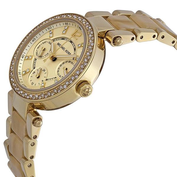 Michael Kors Parker Multi-Function Champagne Dial Gold-tone and Horn Accetate Ladies Watch MK5842