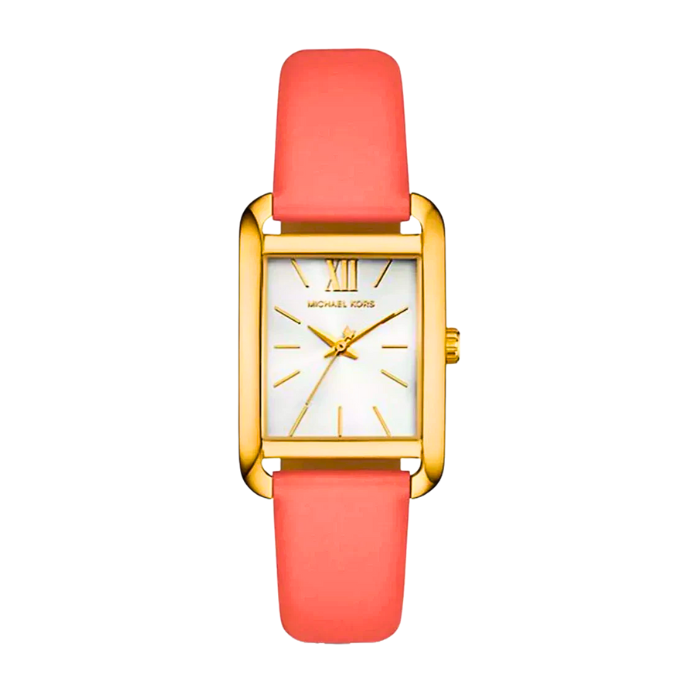 Michael Kors Petite Monroe gold-tone watch with white dial and coral leather strap