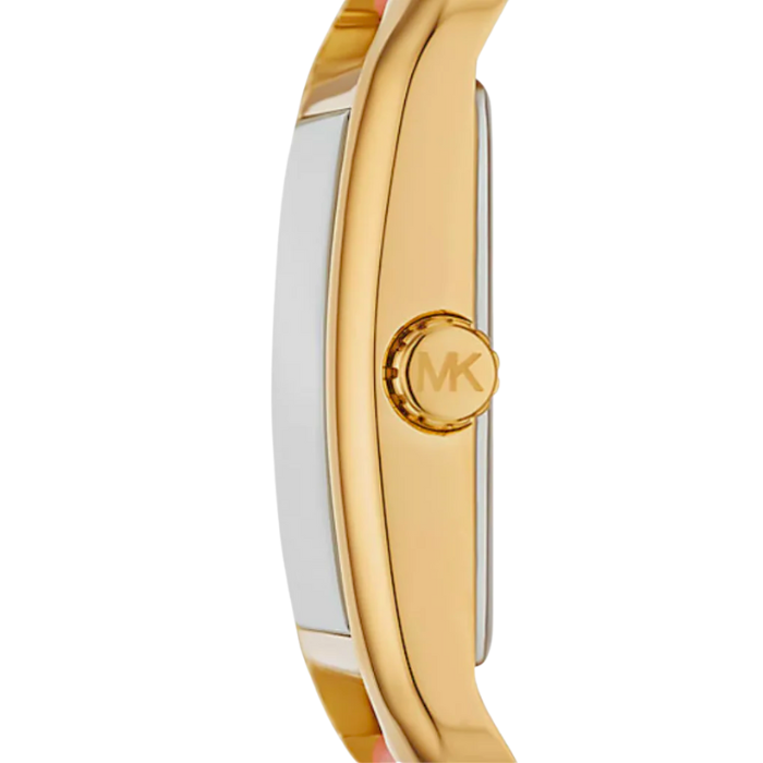 Michael Kors Petite Monroe side view showing gold-tone case and MK logo on strap