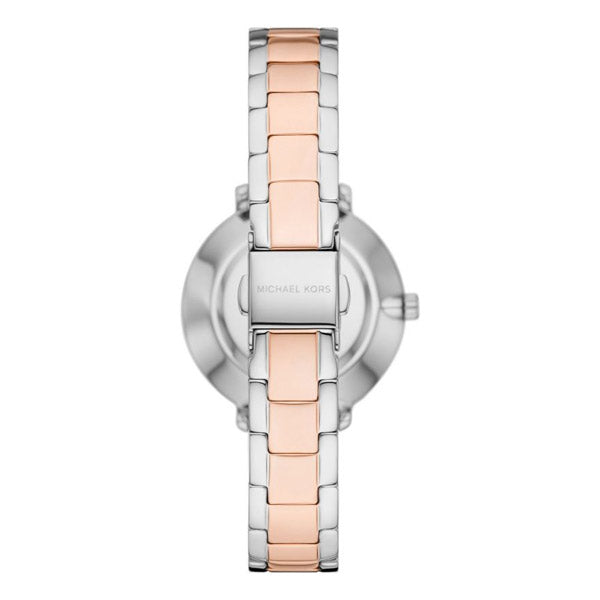 Michael Kors Pyper MK1066 caseback view showing stainless steel back with two-tone strap