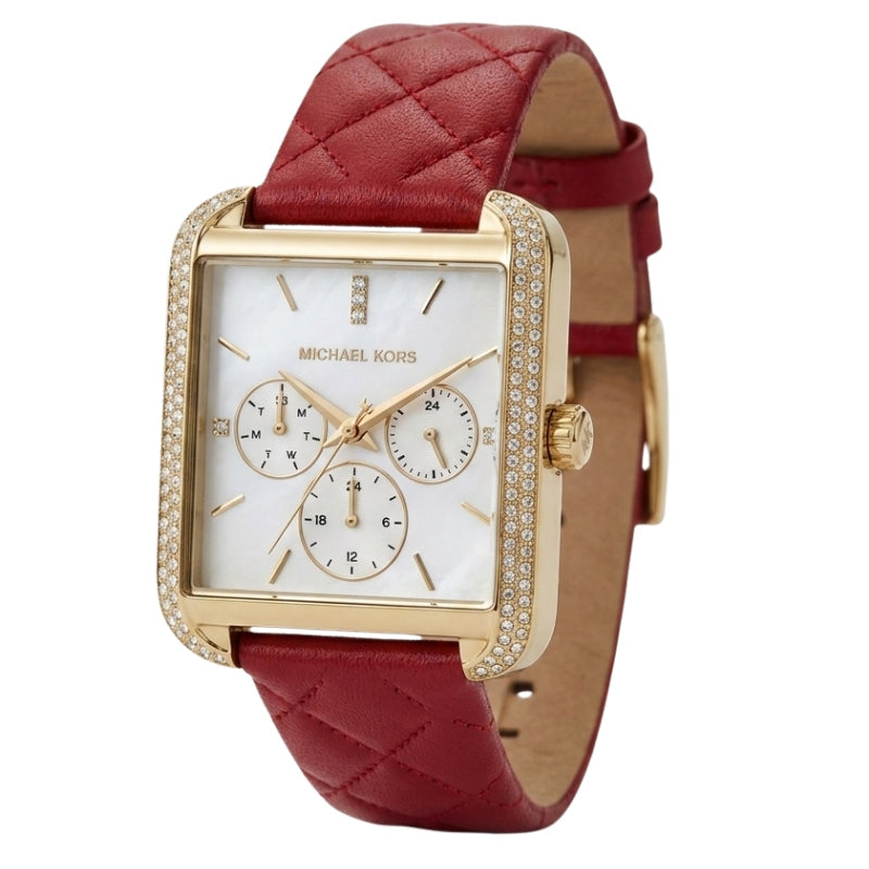 Michael Kors Pyper MK2770 three-quarter view showing red quilted leather strap and gold case profile