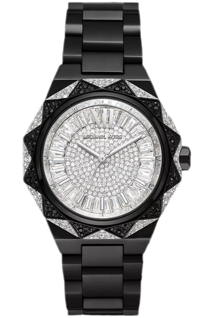 Michael Kors Raquel MK4692 black-tone watch with silver pavé dial and black stainless steel bracelet