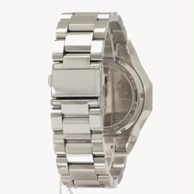 Michael Kors Raquel watch back showing silver-tone steel bracelet and case back detail