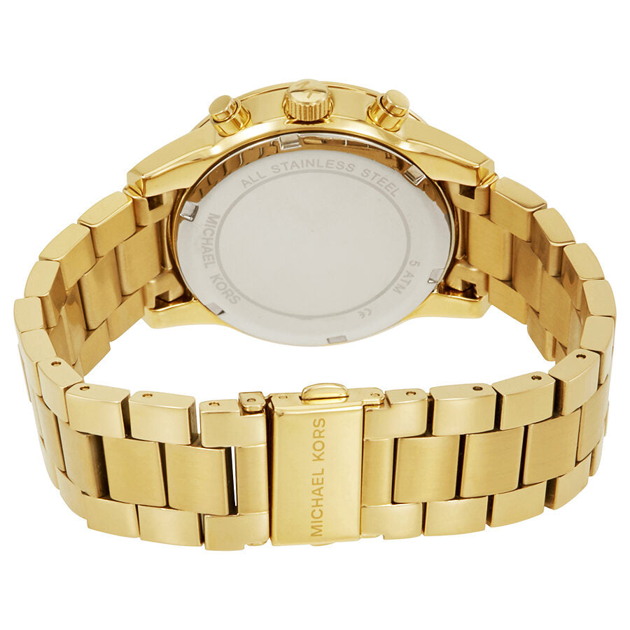 Michael Kors Ritz caseback showing gold-tone case and link bracelet detail