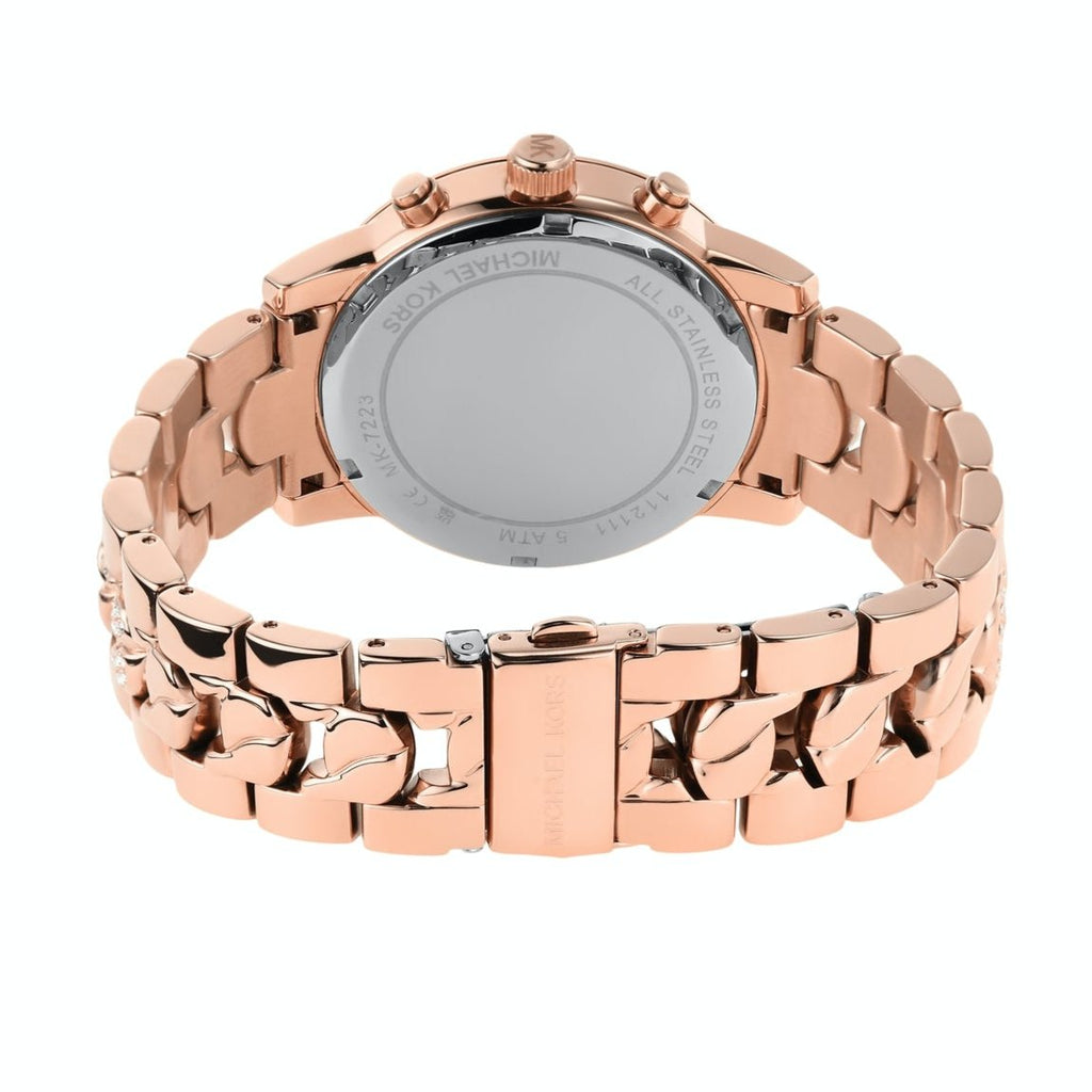 Michael Kors Ritz MK7223 case back display showing rose gold-tone metal bracelet links and closure