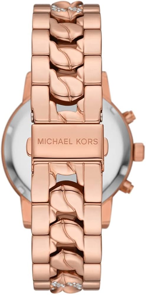 Michael Kors Ritz MK7223 case back showing rose gold-tone stainless steel curb chain bracelet detail