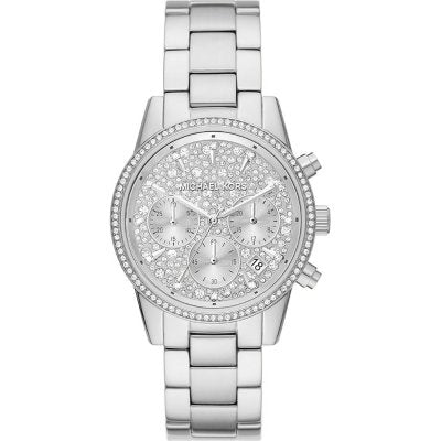 Michael Kors Ritz MK7301 silver chronograph watch with diamond bezel and paved dial