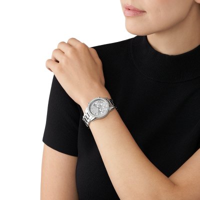 Michael Kors Ritz MK7301 worn on wrist showing silver chronograph watch in use