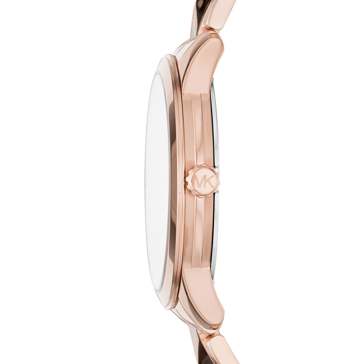 Side profile view of Michael Kors Runway Mercer watch showing rose gold case and stud bracelet